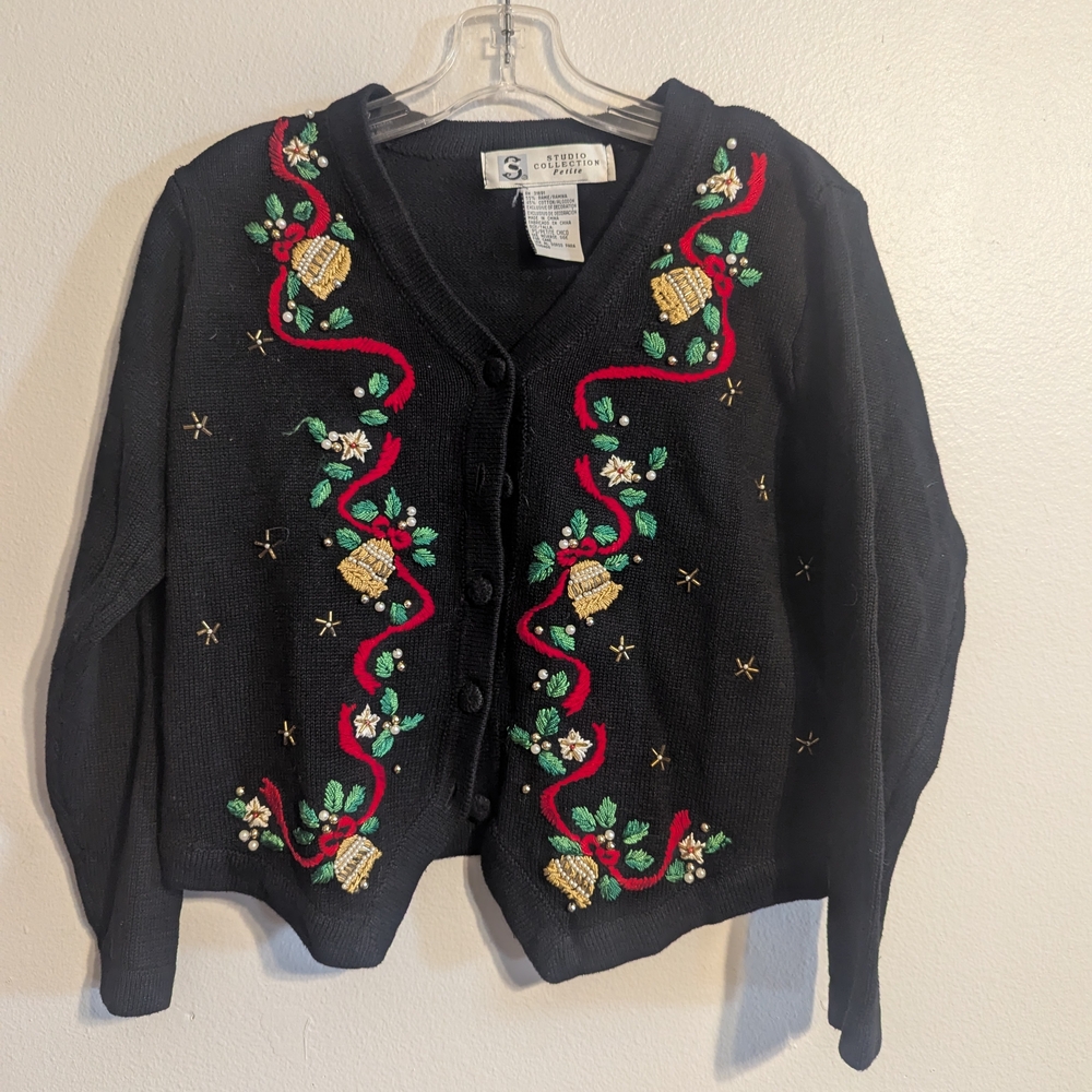 Vintage Black Cardigan with Festive Embroidery